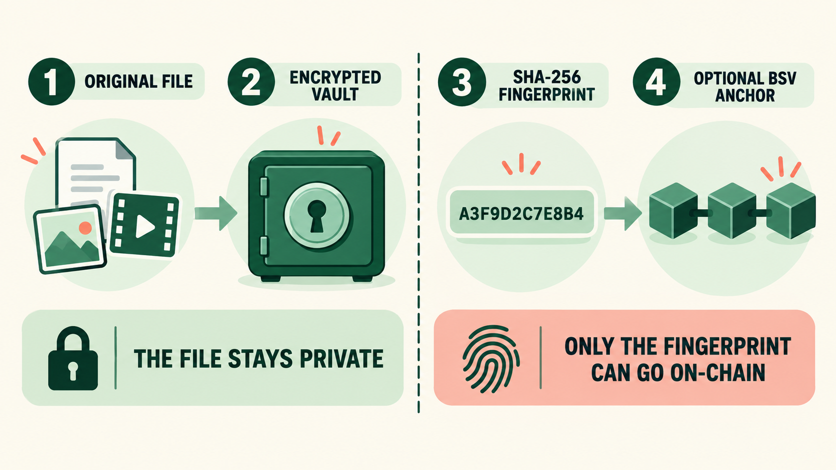 Four-step diagram: an original file enters an encrypted private vault, receives a SHA-256 fingerprint, and only that fingerprint may be anchored to the BSV blockchain.